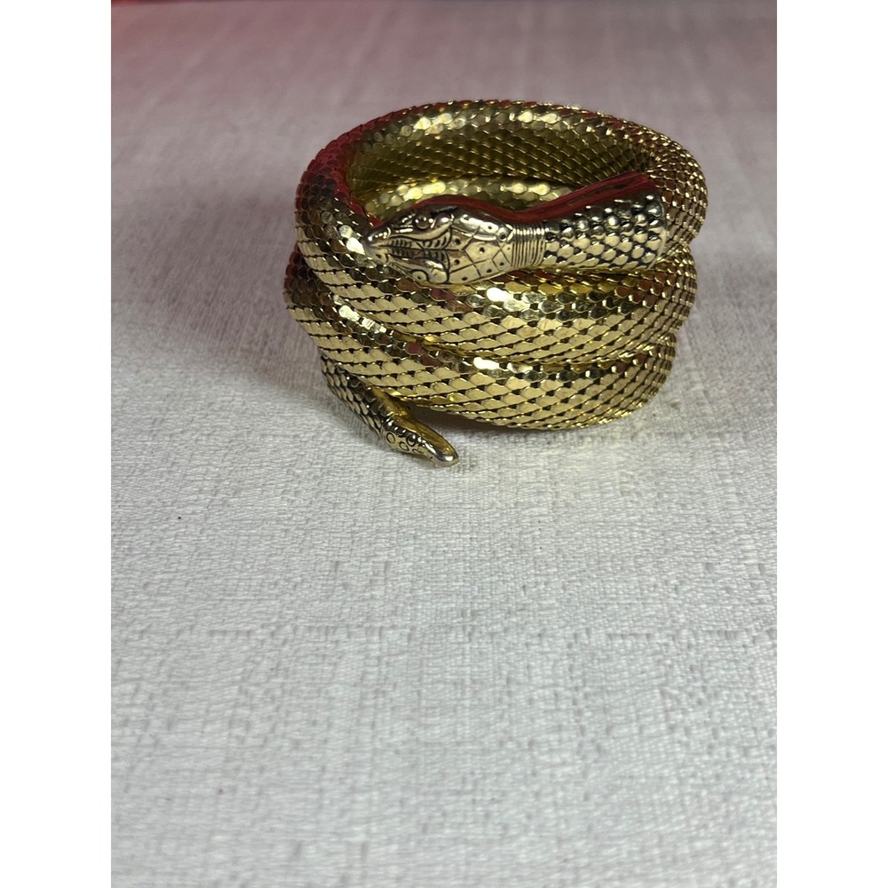 1960s Whiting & Davis Vintage Gold Tone Mesh Snake Coil Wrap Bracelet Serpent